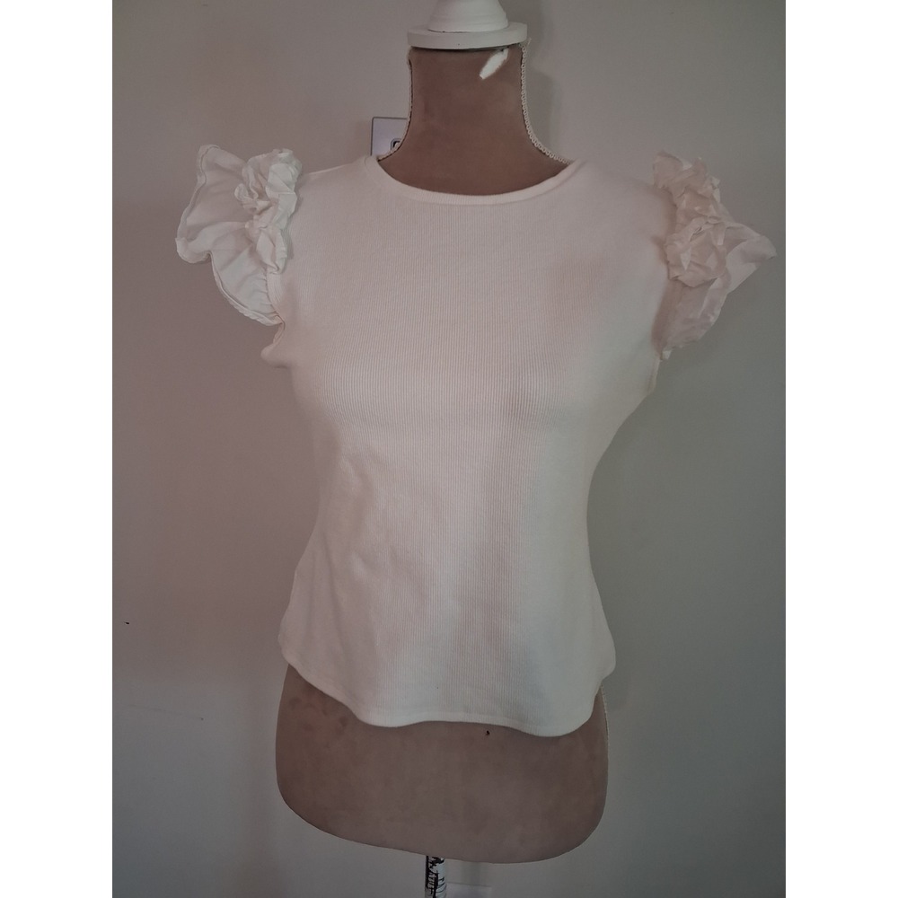 Anthropologie White Ribbed Ruffle Cap Sleeve Knit Top Small Cropped Clean Girl